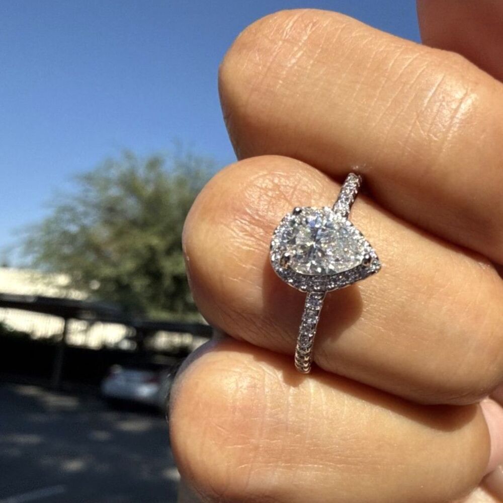 0.8CT Pear Cut Moissanite Halo Ring Size 7- Rhodium Plated - Pavé Band